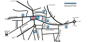 Parken in Perg - Parkplatz mieten: Hier eine Strichskizze der Innenstadt mit Straßennamen und Parkplatzbezeichnungen in weißer Schrift auf blauem Grund