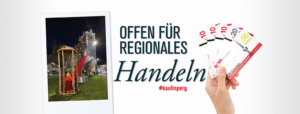 Sujet mit Bild der Birkenlaterne vom Hauptplatz Perg und Text Offen für regionales Handeln.