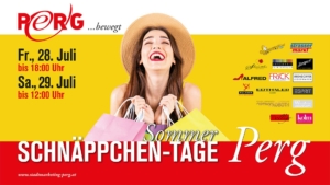 Werbesujet Schnäppchentage 2023 - Eine Frau mit Einkaufstragetaschen freut sich:, links davon Datum der Veranstaltung (28. und 29.07., rechts der Frau Logos der teilnehmenden Firmen