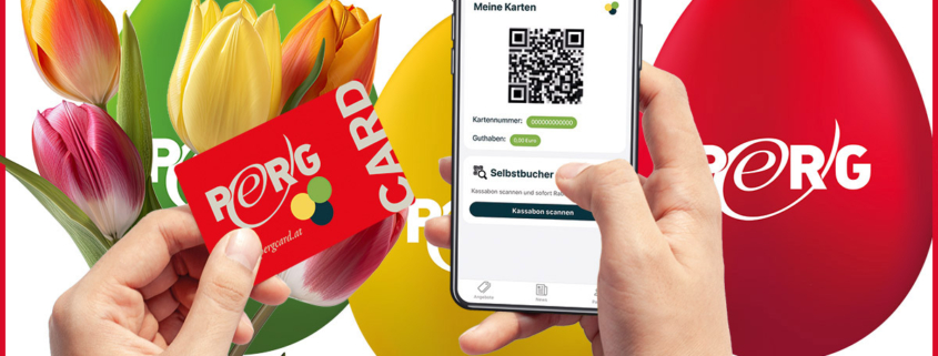 OsterdrEIER-Gewinnspiel Collage mit PERG-Card App und Karte sowie Tulpen, im Hintergrund drei Eier