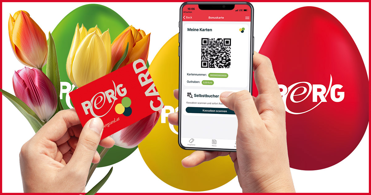 OsterdrEIER-Gewinnspiel Collage mit PERG-Card App und Karte sowie Tulpen, im Hintergrund drei Eier