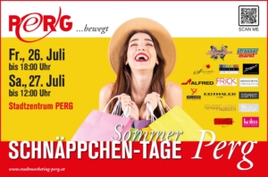 Sommer-Schnäppchen-Tage in Perg Werbefolder mit Datum, Ort und Logos der teilnehmenden Betriebe