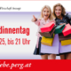 Werbesujet für den Freundinnentag am 28.03.2025, es zeigt zwei Frauen mit Einkaufstaschen, die glücklich in die Kamera lachen und den Schriftzug "Freundinnentag, Freitag, 28.03.2025, bis 21 Uhr";