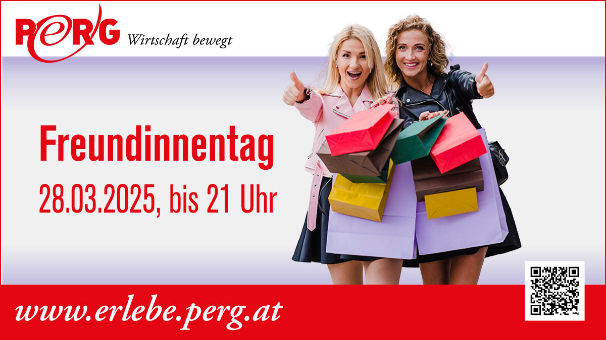 Werbesujet für den Freundinnentag am 28.03.2025, es zeigt zwei Frauen mit Einkaufstaschen, die glücklich in die Kamera lachen und den Schriftzug "Freundinnentag, Freitag, 28.03.2025, bis 21 Uhr"; 