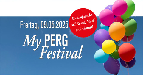 Werbesujet "My PERG Festival"für 9. Mai 2025 mit einer bunten Luftballontraube vor bleuam Himmer und Veranstaltungshinweisen.