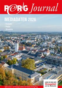 Mediadaten PERG-Journal 2026 - Titelseite mit Foto der Vogelperspektive des Stadtzentrums